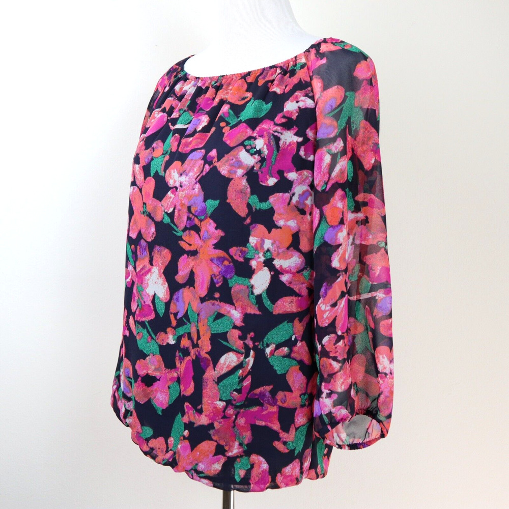 Ann Taylor Size S Floral Print Blouse Sheer Balloon Sleeves Pink Black